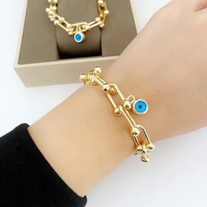 Gold Chunky Open Link Chain Bracelet with Blue Evil Eye