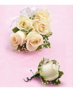 Simple White Rose Corsage and Boutonniere Combo Flower Bouquet