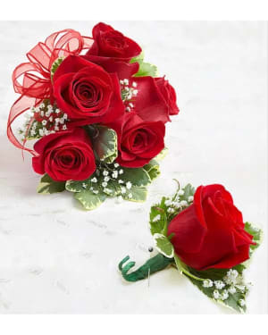Simple Red Rose Corsage and Boutonniere Combo Flower Bouquet