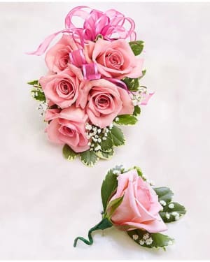 Simple Pink Rose Corsage and Boutonniere Combo Flower Bouquet