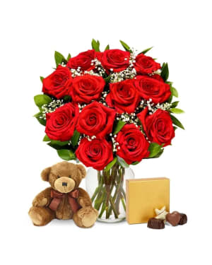 Dozen Roses, Teddy Bear and Chocolates