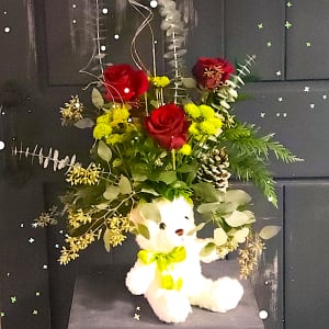 Holiday Roses and Snuggly Bear Flower Bouquet