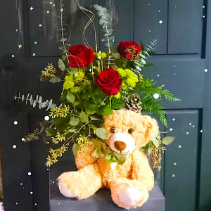 Holiday Roses and Snuggly Bear Flower Bouquet