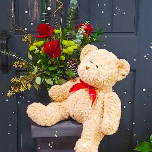Holiday Roses and Snuggly Bear Flower Bouquet