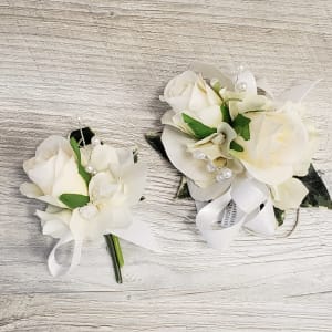 SILK Classic White Corsage and Boutonniere Set Flower Bouquet