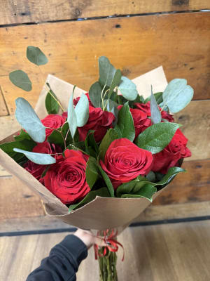 One Dozen Elegant Red Rose Hand-Tied Bouquet