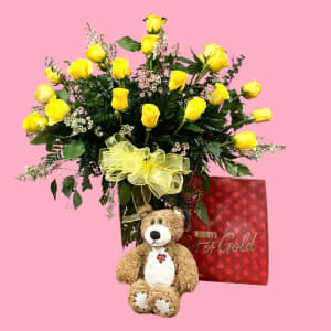 Grand Rose Bundle - ROSES - BEAR - CHOCOLATES Flower Bouquet