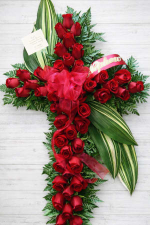 Red Rose Cross with Aspidistria Flower Bouquet