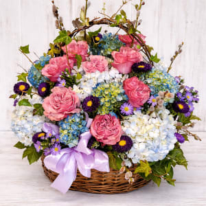 Blue Hydrangea and Garden Rose Basket Flower Bouquet