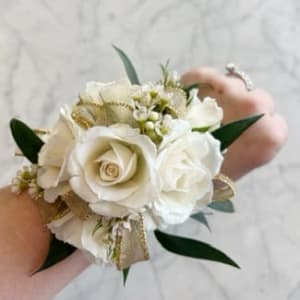 Ivory & Gold Corsage & Boutonniere Set Flower Bouquet