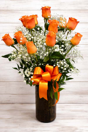 Dozen Orange Rose Vase Flower Bouquet