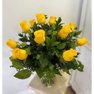 Dozen Yellow Roses Arranged Flower Bouquet