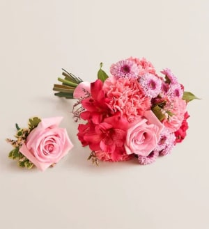 Prom Bouquet and Boutonniere - Pink Flower Bouquet