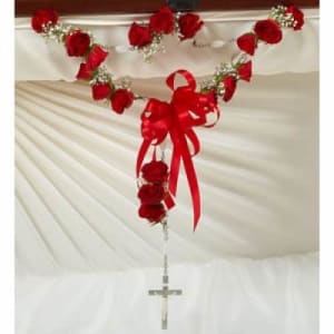 Large Rosary with Red Spray Roses Flower Bouquet