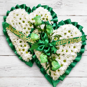 Two Hearts (Double Heart) Emerald + White Flower Bouquet
