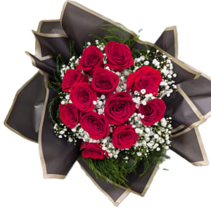 12 Rose Wrapped Bouquet w/ Baby's Breath Flower Bouquet