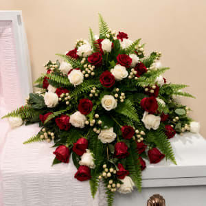 Red and White Rose Classic Casket Spray Flower Bouquet