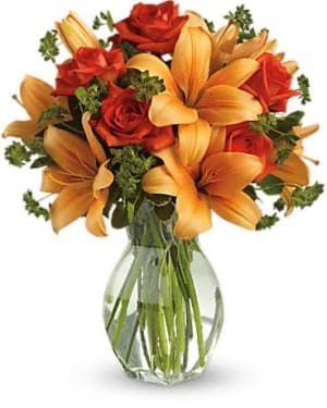 Fiery Lily and Rose Flower Bouquet