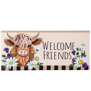 Hillside Pasture Highland Cow Welcome Friends Switch Mat Flower Bouquet