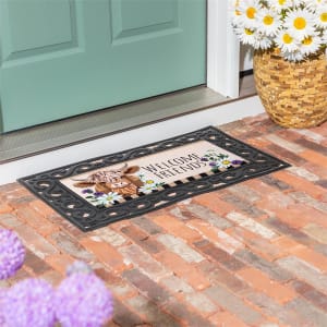 Hillside Pasture Highland Cow Welcome Friends Switch Mat Flower Bouquet