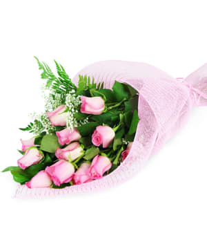 Perfect Wrapped Long-Stemmed Pink Roses Flower Bouquet
