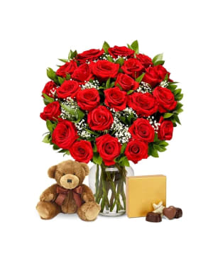 Dozen Roses, Teddy Bear and Chocolates Flower Bouquet