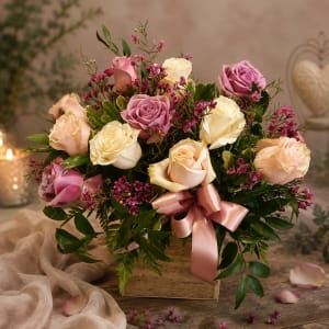 Dozen Mixed Pastel Rose in a Wood Box Arranged Flower Bouquet