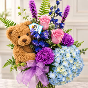 Big Hug Vase of Purples with Plush Stuffie Flower Bouquet