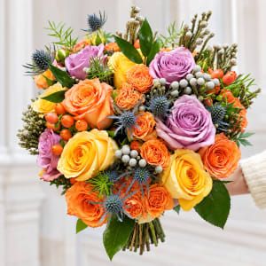 Coral & Lavender Rose Bridal Bouquet with Thistle & Brunia Flower Bouquet