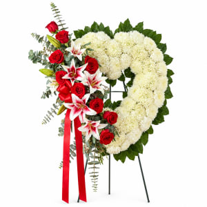 Red Rose and Lily Open Heart Flower Bouquet