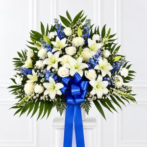 Heartfelt Sympathies Blue & White Funeral Basket Flower Bouquet