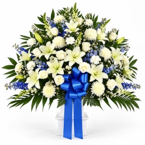 Heartfelt Sympathies Blue & White Funeral Basket Flower Bouquet