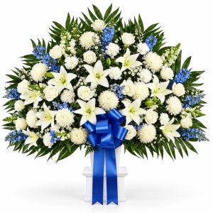 Heartfelt Sympathies Blue & White Funeral Basket Flower Bouquet