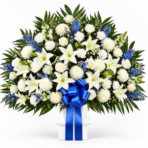 Heartfelt Sympathies Blue & White Funeral Basket Flower Bouquet