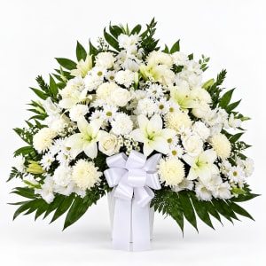 Heartfelt Sympathies White Funeral Standing Basket Flower Bouquet