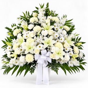 Heartfelt Sympathies White Funeral Standing Basket Flower Bouquet