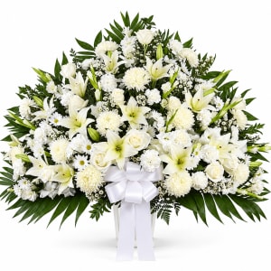 Heartfelt Sympathies White Funeral Standing Basket Flower Bouquet