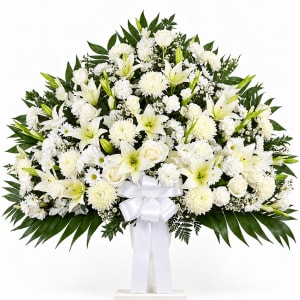 Heartfelt Sympathies White Funeral Standing Basket Flower Bouquet