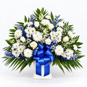 Heartfelt Tribute Blue & White Floor Basket Flower Bouquet