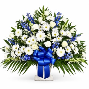 Heartfelt Tribute Blue & White Floor Basket Flower Bouquet