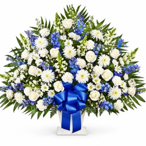Heartfelt Tribute Blue & White Floor Basket Flower Bouquet