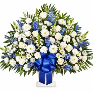 Heartfelt Tribute Blue & White Floor Basket Flower Bouquet