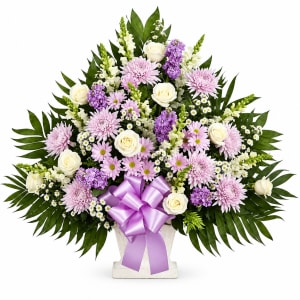 Heartfelt Tribute Lavender & White Floor Basket Flower Bouquet