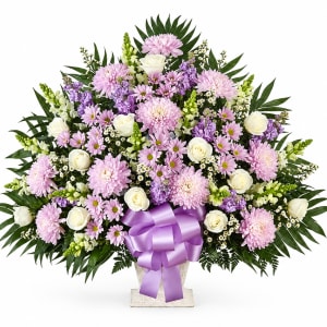 Heartfelt Tribute Lavender & White Floor Basket Flower Bouquet