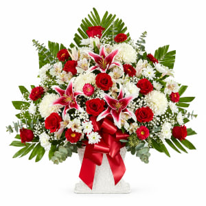Red Rose And Lily Floor Basket Flower Bouquet