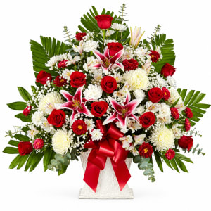 Red Rose And Lily Floor Basket Flower Bouquet