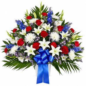 Heartfelt Sympathies Red, White, and Blue Basket Flower Bouquet