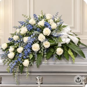 Elegant White Roses with Blue Casket Spray Flower Bouquet