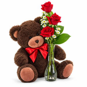 Classic Roses with Teddy Bear Flower Bouquet