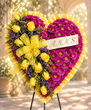 Loving Memories Heart, Purple with Yellow Flower Bouquet